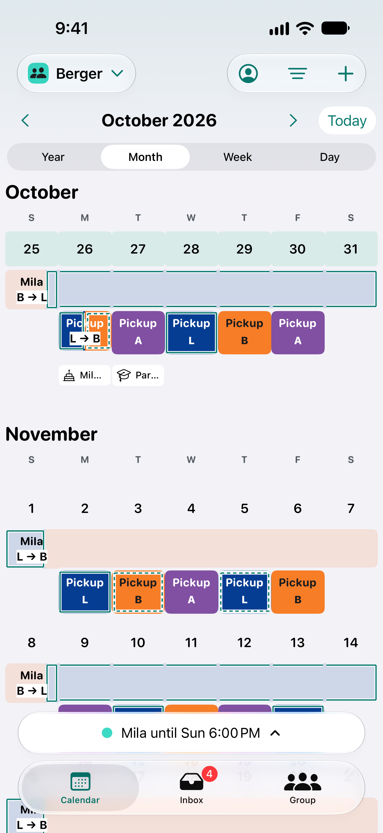 Adri’s month calendar for the Berger family, showing Mila and Pickup rotations with Lena, Ben, and Anna’s initials.