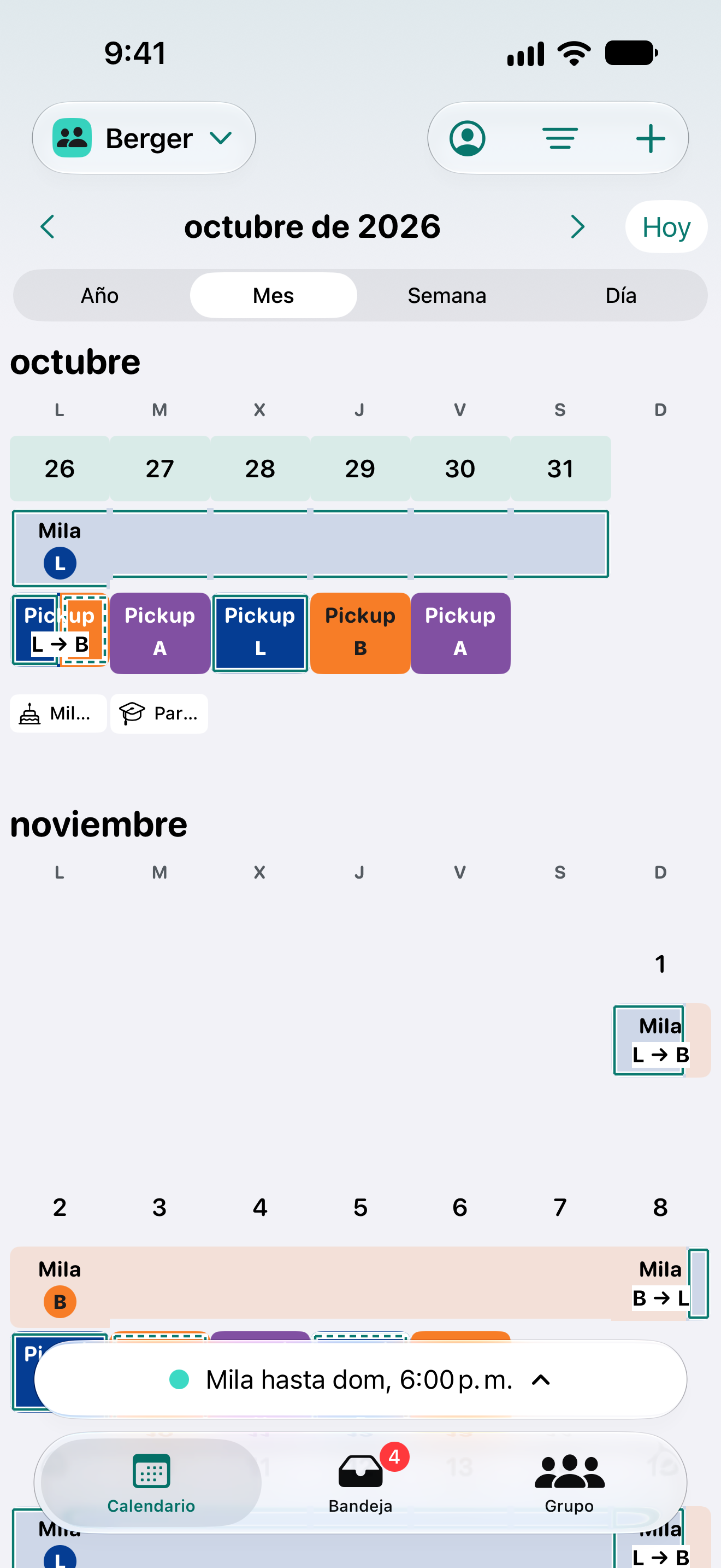 Calendario mensual de Adri para la familia Berger con los turnos Mila y Pickup y las iniciales de Lena, Ben y Anna.