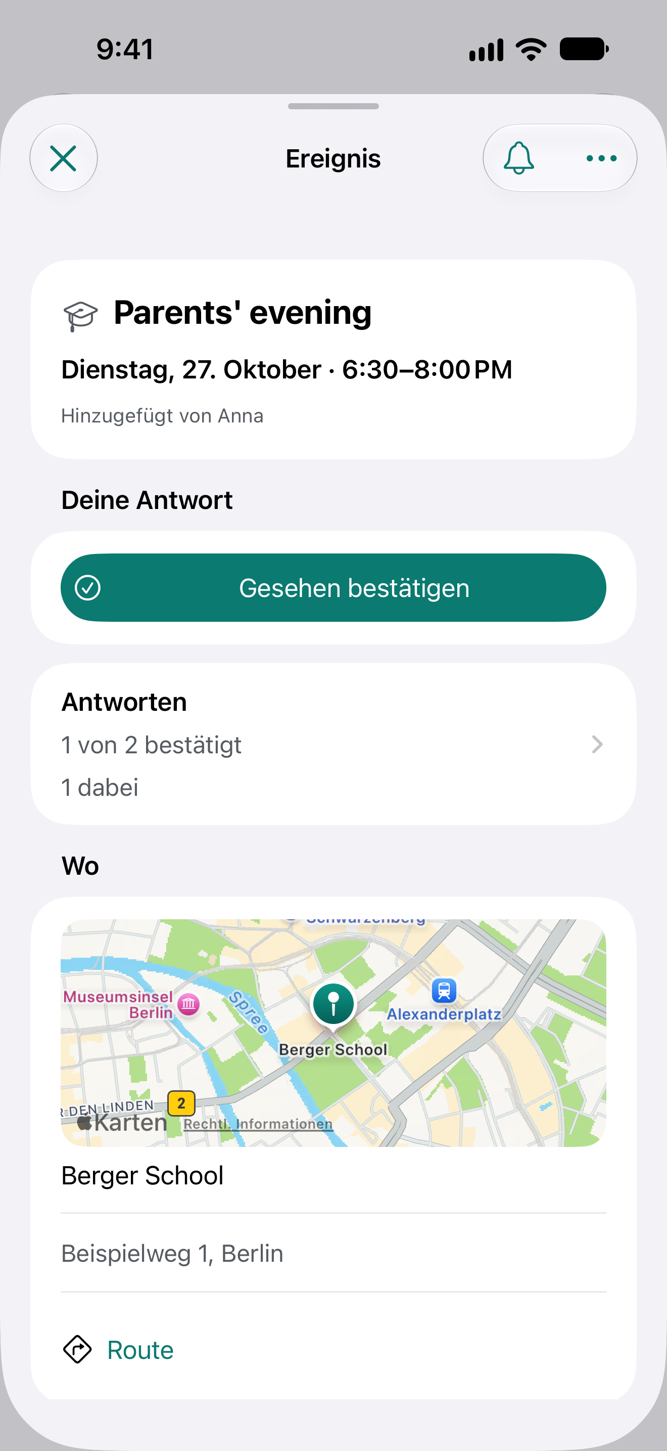 Der Elternabend mit Datum, Antworten und Ort.