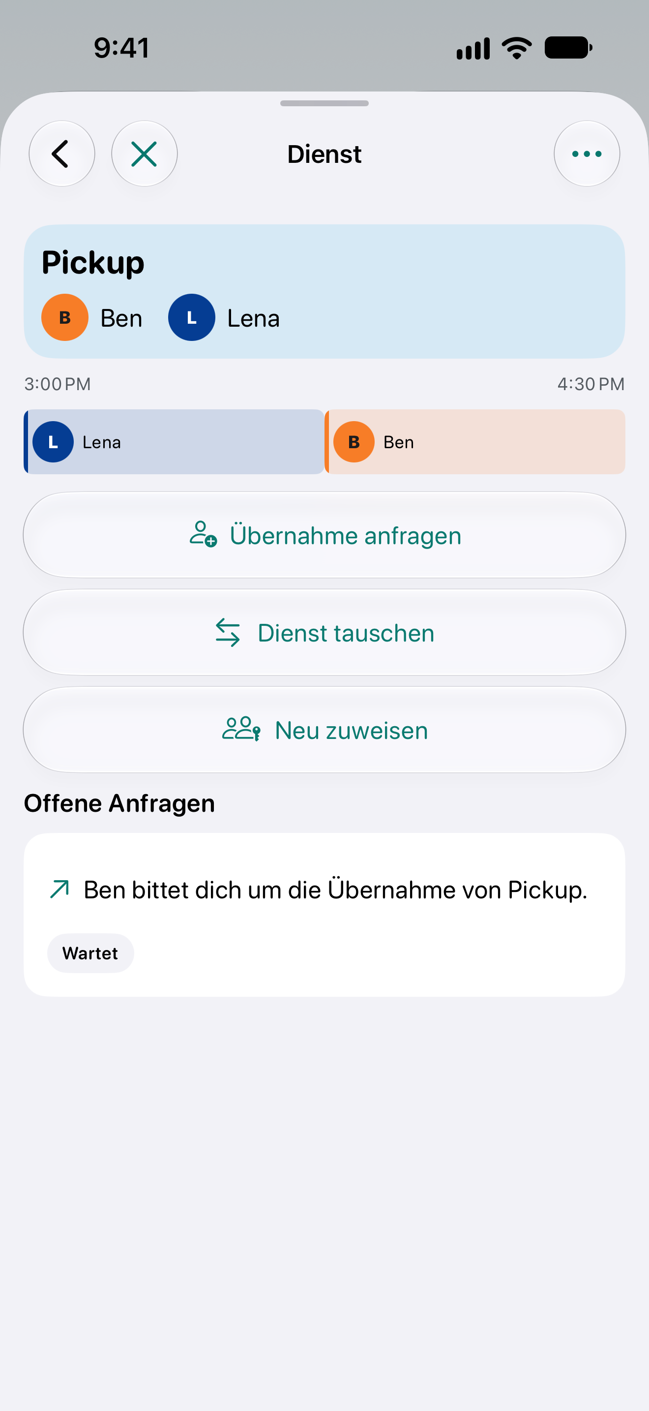 Details zum Abholen mit Lena und Ben, einer teilweisen Vertretung und den Optionen für Vertretung und Tausch.