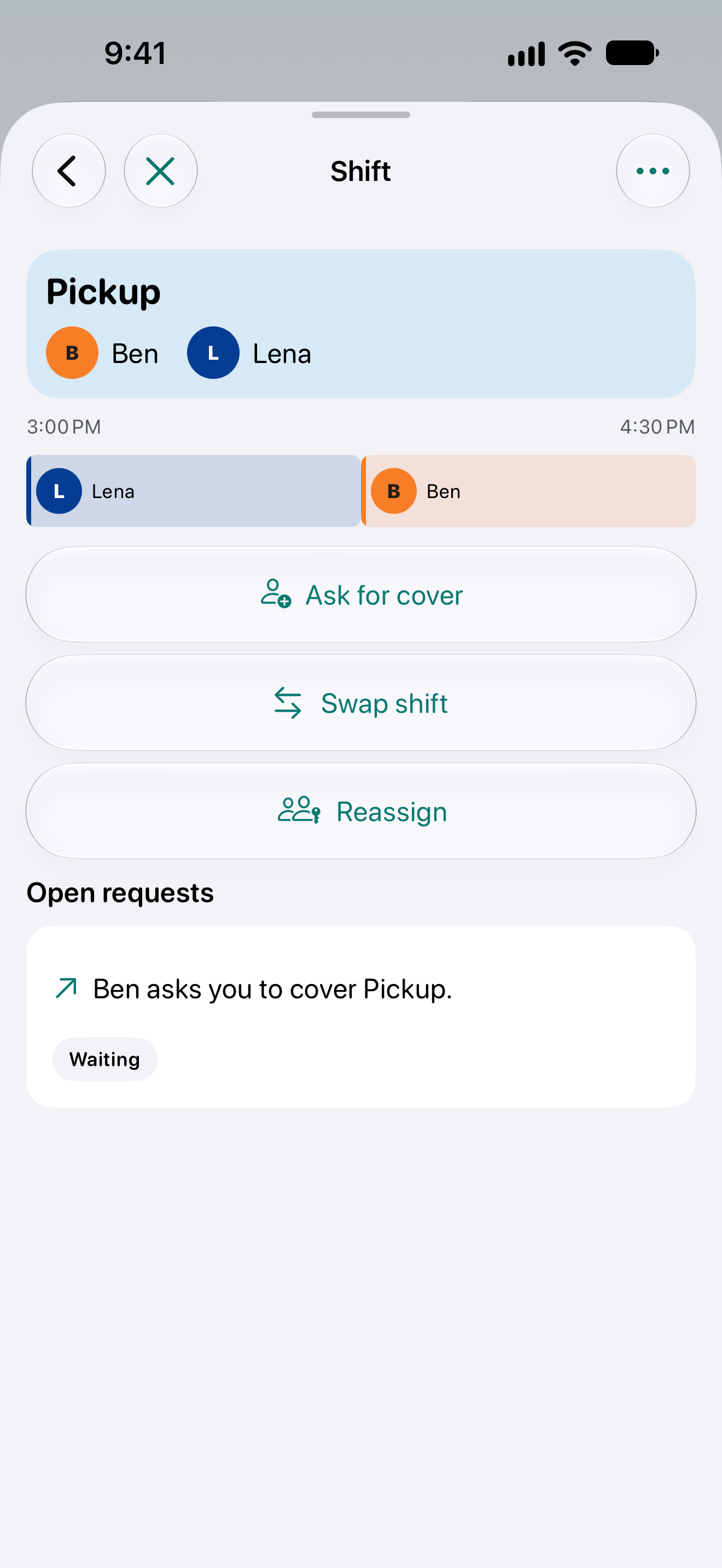 Pickup shift details with Lena and Ben, a partial cover, and options to ask for cover or swap.