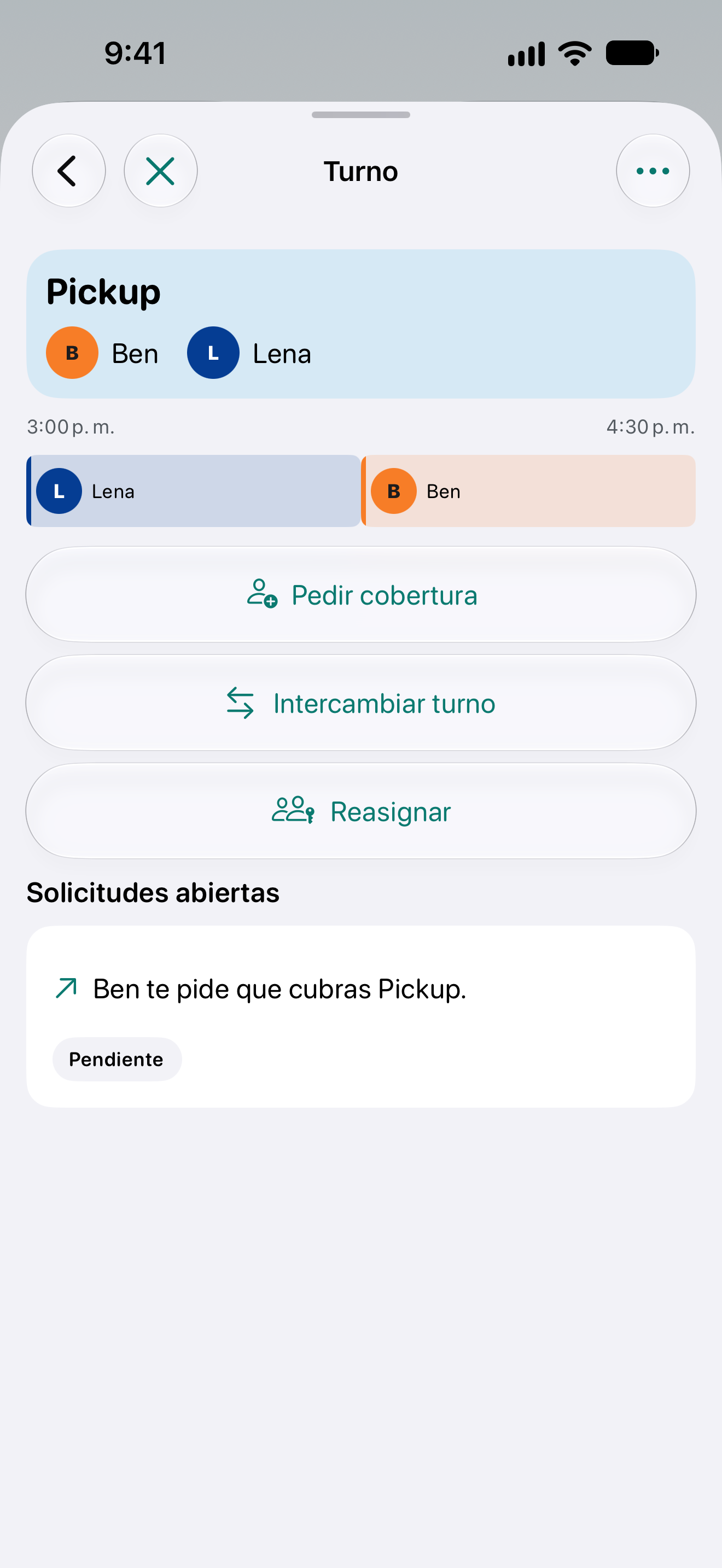 Detalles de la recogida con Lena y Ben, un turno cubierto parcialmente y opciones para pedir ayuda o intercambiarlo.
